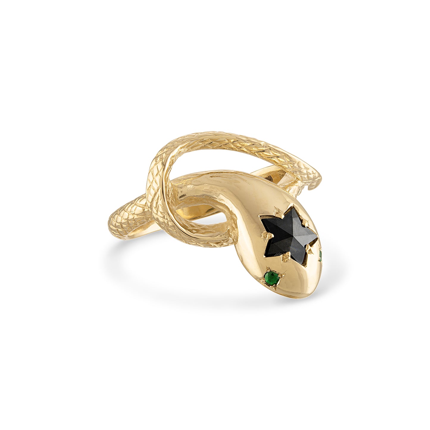 14k gold snake ring with engraved scales, smooth head and a bead set star cut black diamond center stone and green eye stones.