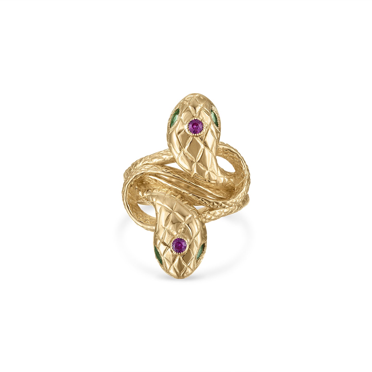 14k gold double snake ring with engraved scales, small milgrain bezel set round pink sapphire head stones and green marquise cut eye stones.