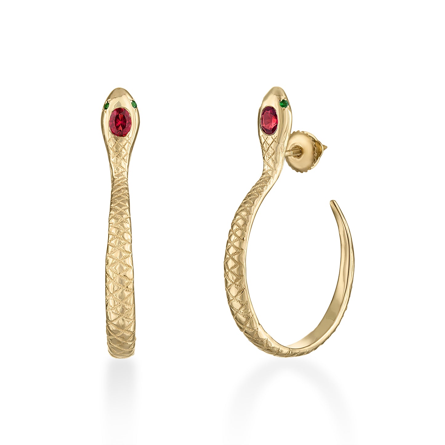 Gold snake hoop earrings with red gemstones on a white background