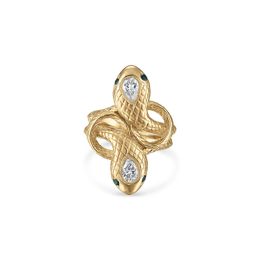 Two 14k gold snake rings stacked together to make a double snake ring with engraved scales, milgrain bezel set pear shaped diamond center stones and teal sapphire eye stones.