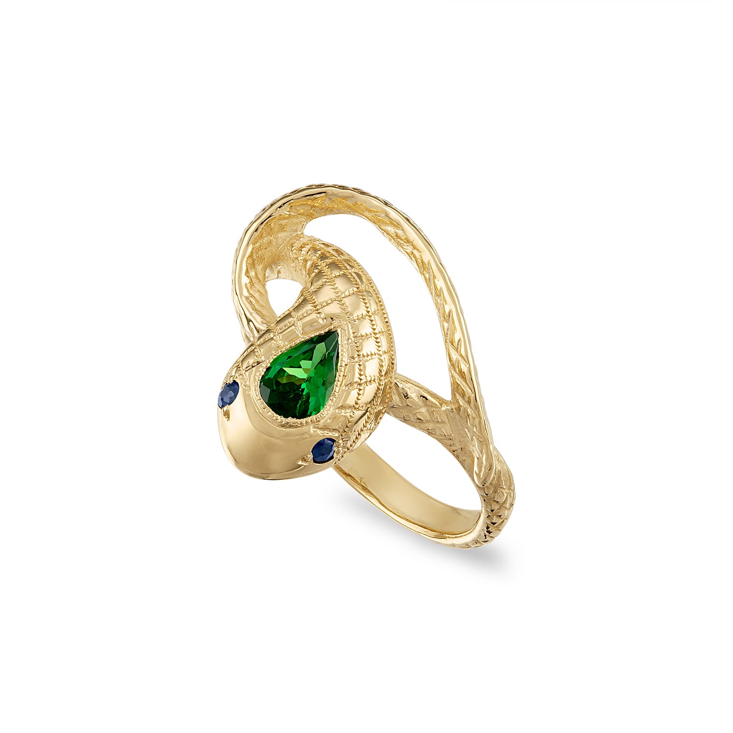 14k gold snake ring with engraved scales, a milgrain bezel set pear shaped green faceted center stone and blue sapphire eye stones.