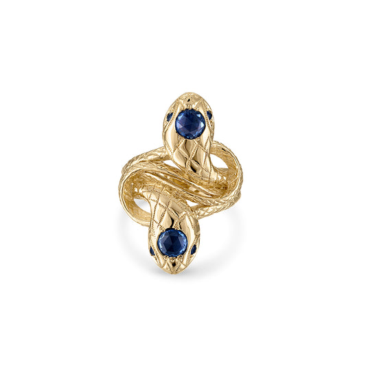 14k gold double snake ring with engraved scales, bead set round rose cut dark blue sapphire head stones and blue sapphire eye stones.