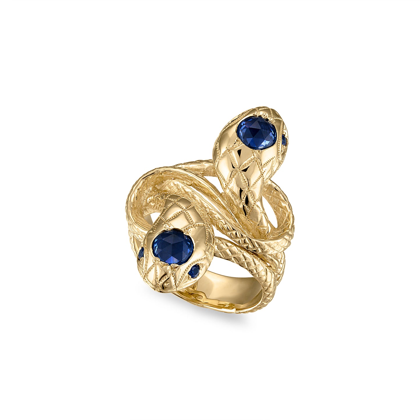 14k gold double snake ring with engraved scales, bead set round rose cut dark blue sapphire head stones and blue sapphire eye stones.