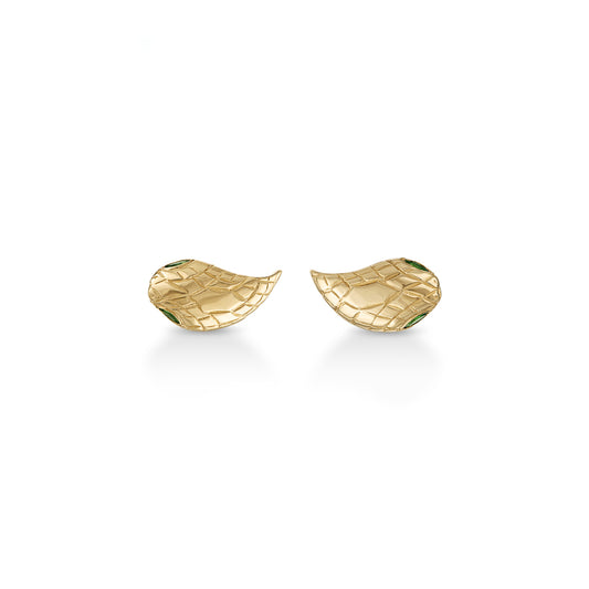 A pair of teardrop-shaped 14k gold snake head stud earrings with engraved scales and inset green marquise cut eye stones with milgrain detail.