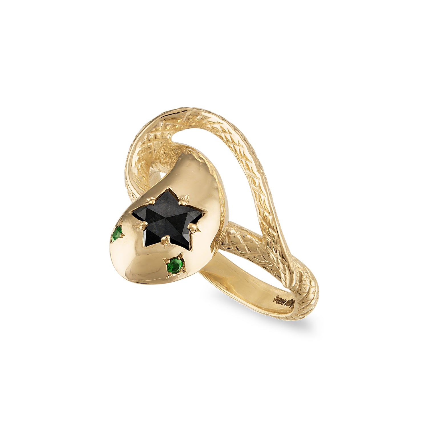14k gold snake ring with engraved scales, smooth head and a bead set star cut black diamond center stone and green eye stones.