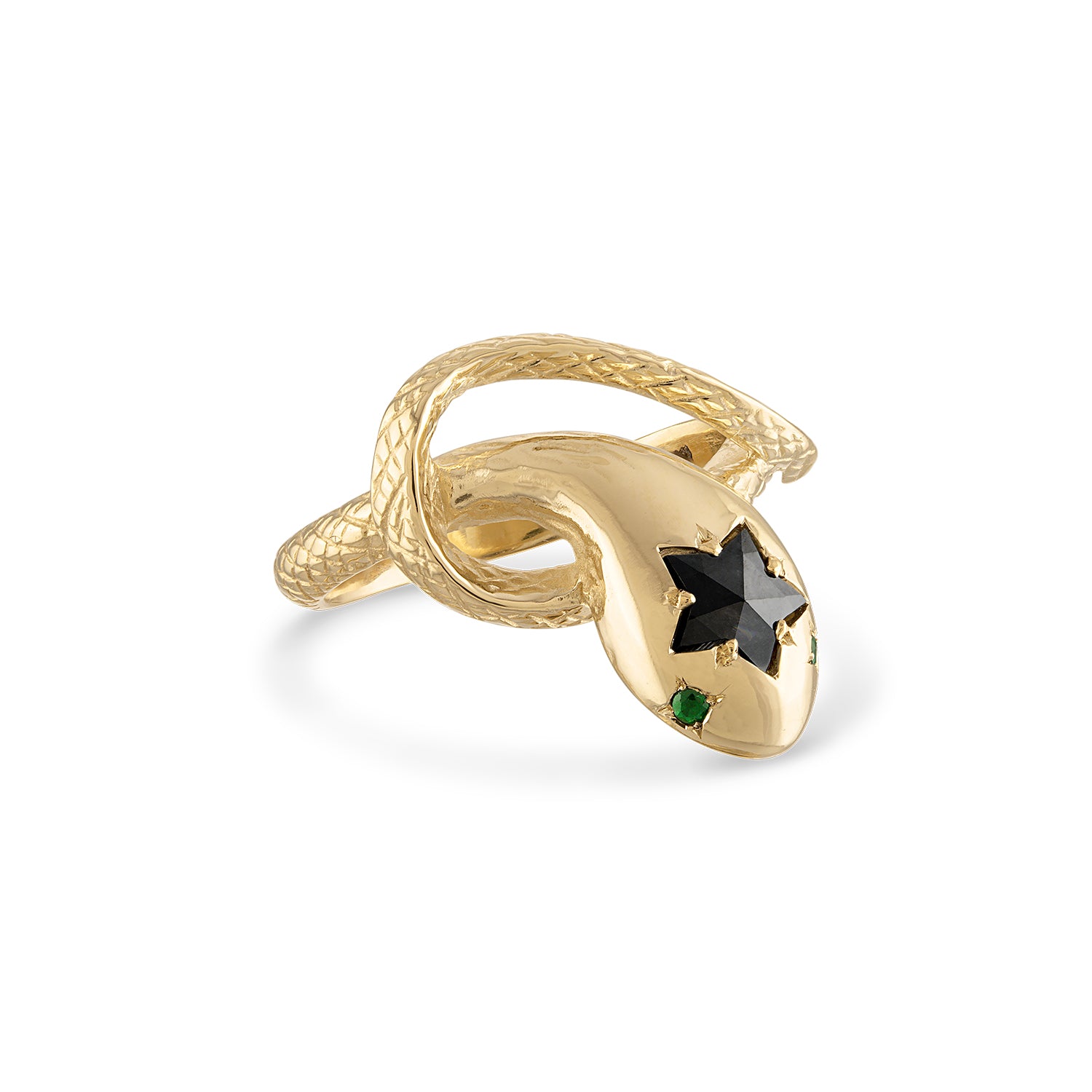 14k gold snake ring with engraved scales, smooth head and a bead set star cut black diamond center stone and green eye stones.