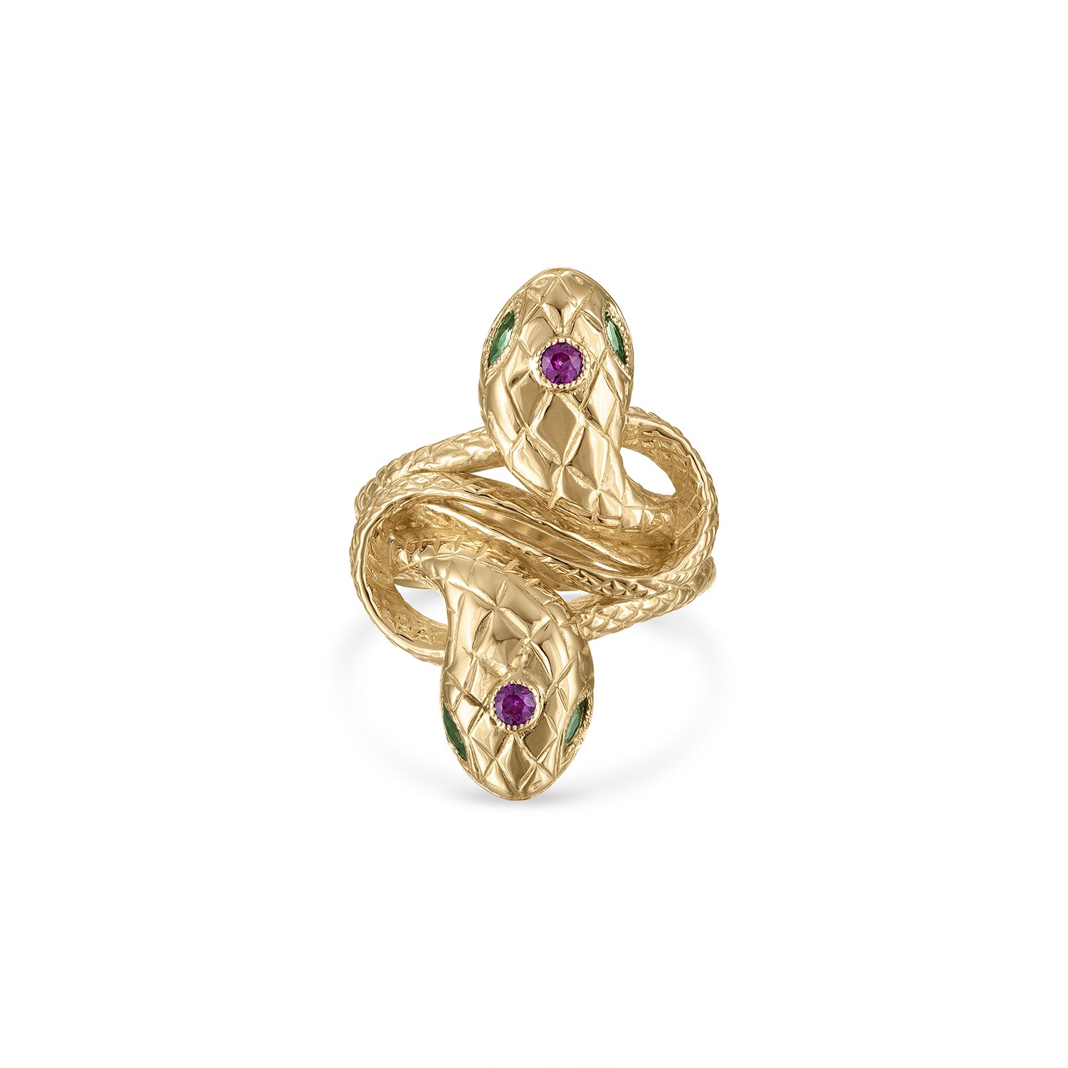 14k gold double snake ring with engraved scales, small milgrain bezel set round pink sapphire head stones and green marquise cut eye stones.