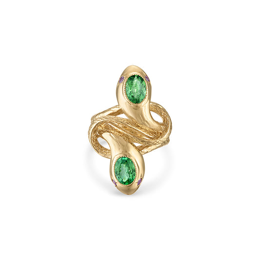 Gold snake ring with green gemstones on a white background