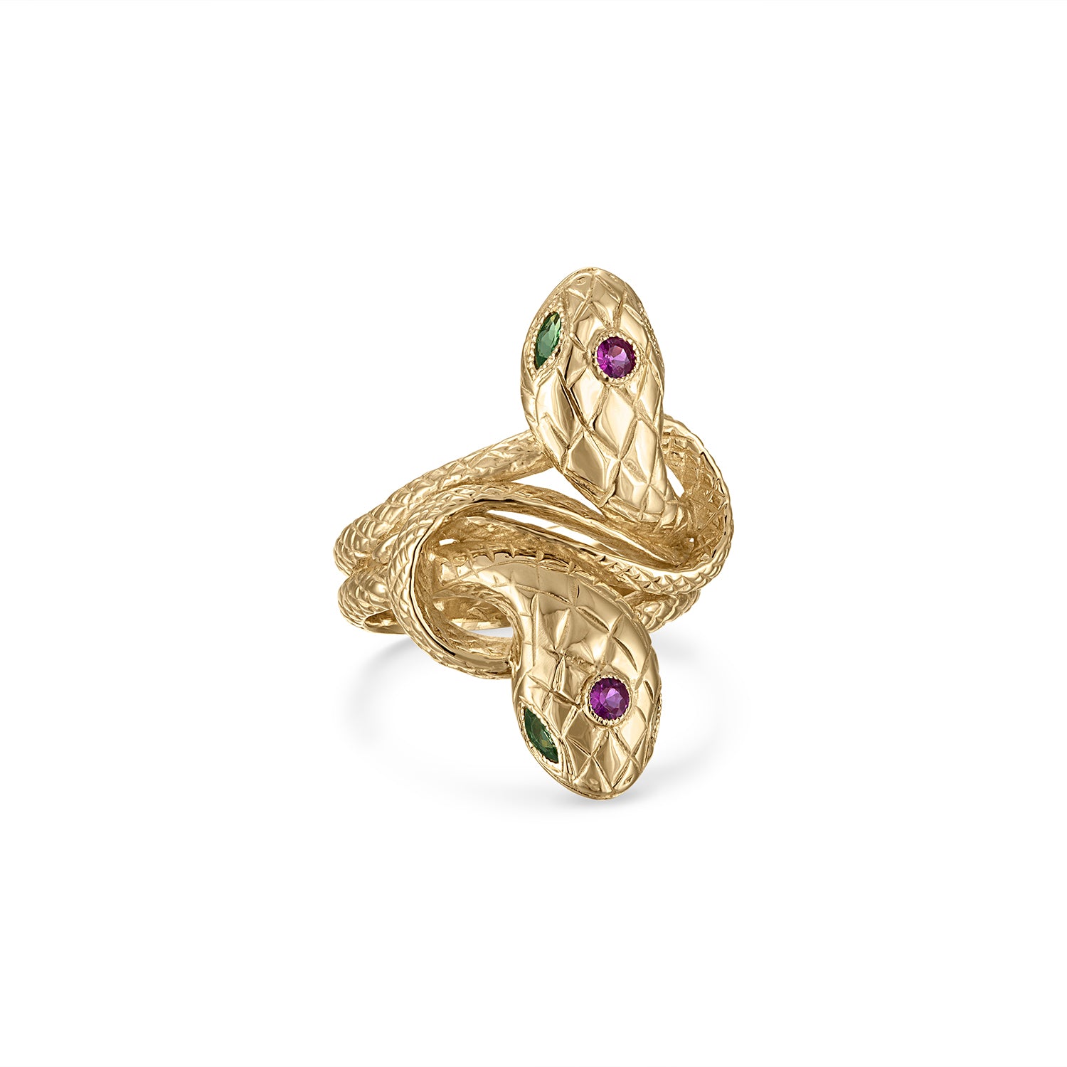 14k gold double snake ring with engraved scales, small milgrain bezel set round pink sapphire head stones and green marquise cut eye stones.