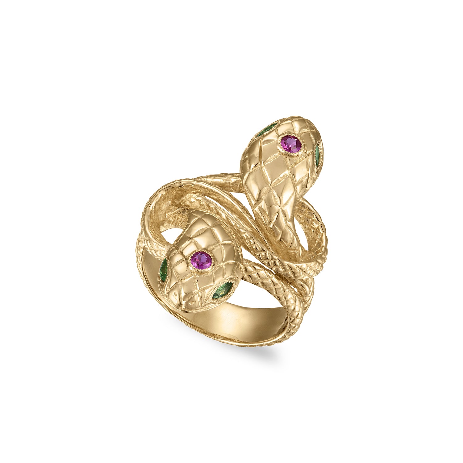 14k gold double snake ring with engraved scales, small milgrain bezel set round pink sapphire head stones and green marquise cut eye stones.