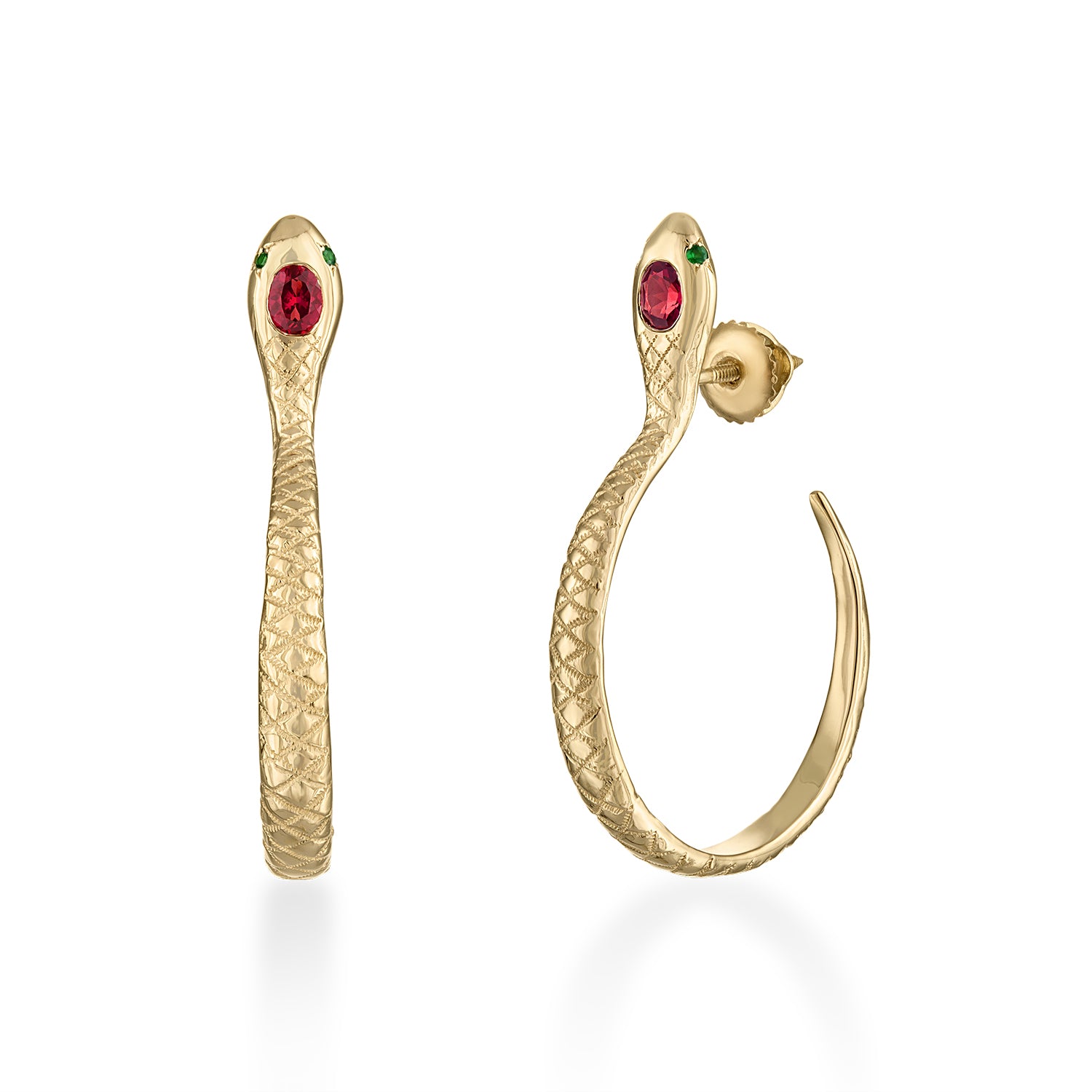 Gold snake hoop earrings with red gemstones on a white background