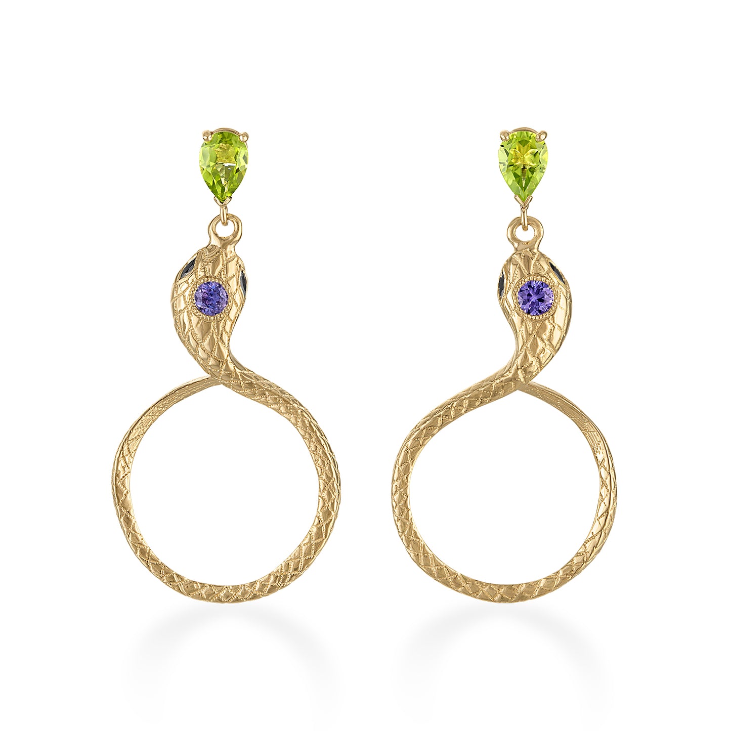 Gold snake-shaped earrings with green and purple gemstones on a white background