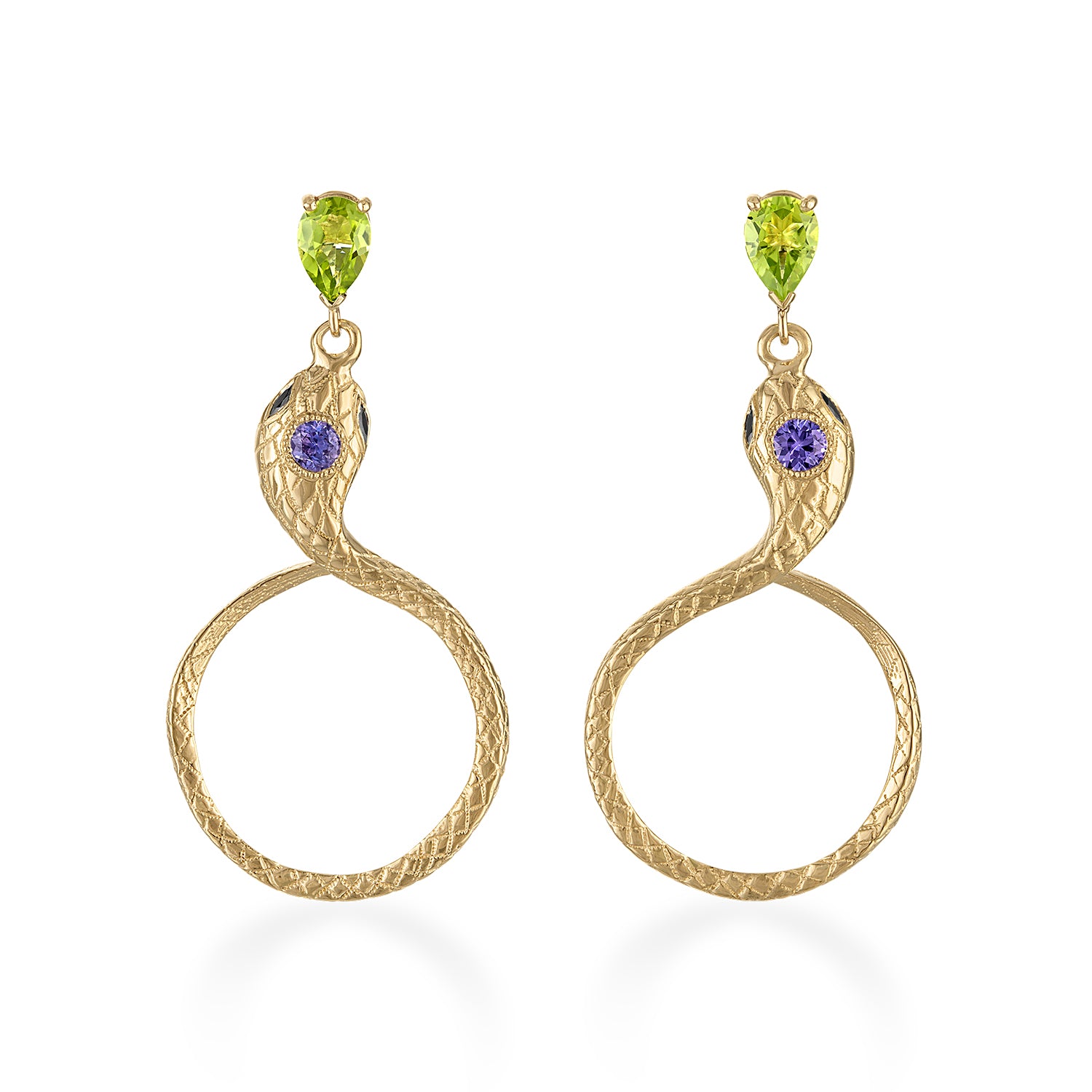 Gold snake-shaped earrings with green and purple gemstones on a white background
