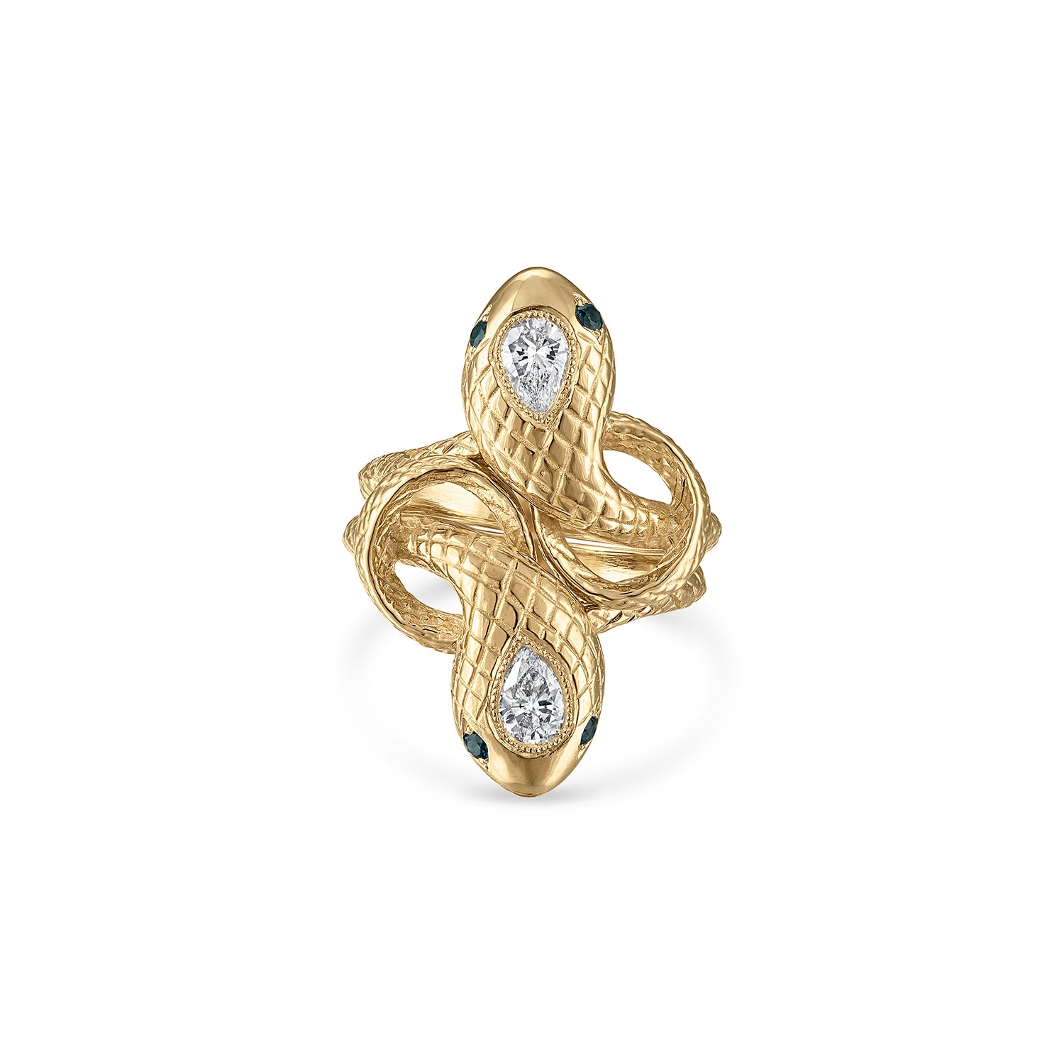 Two 14k gold snake rings stacked together to make a double snake ring with engraved scales, milgrain bezel set pear shaped diamond center stones and teal sapphire eye stones.