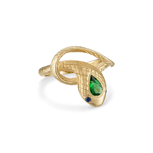 14k gold snake ring with engraved scales, a milgrain bezel set pear shaped green center stone and blue sapphire eye stones.