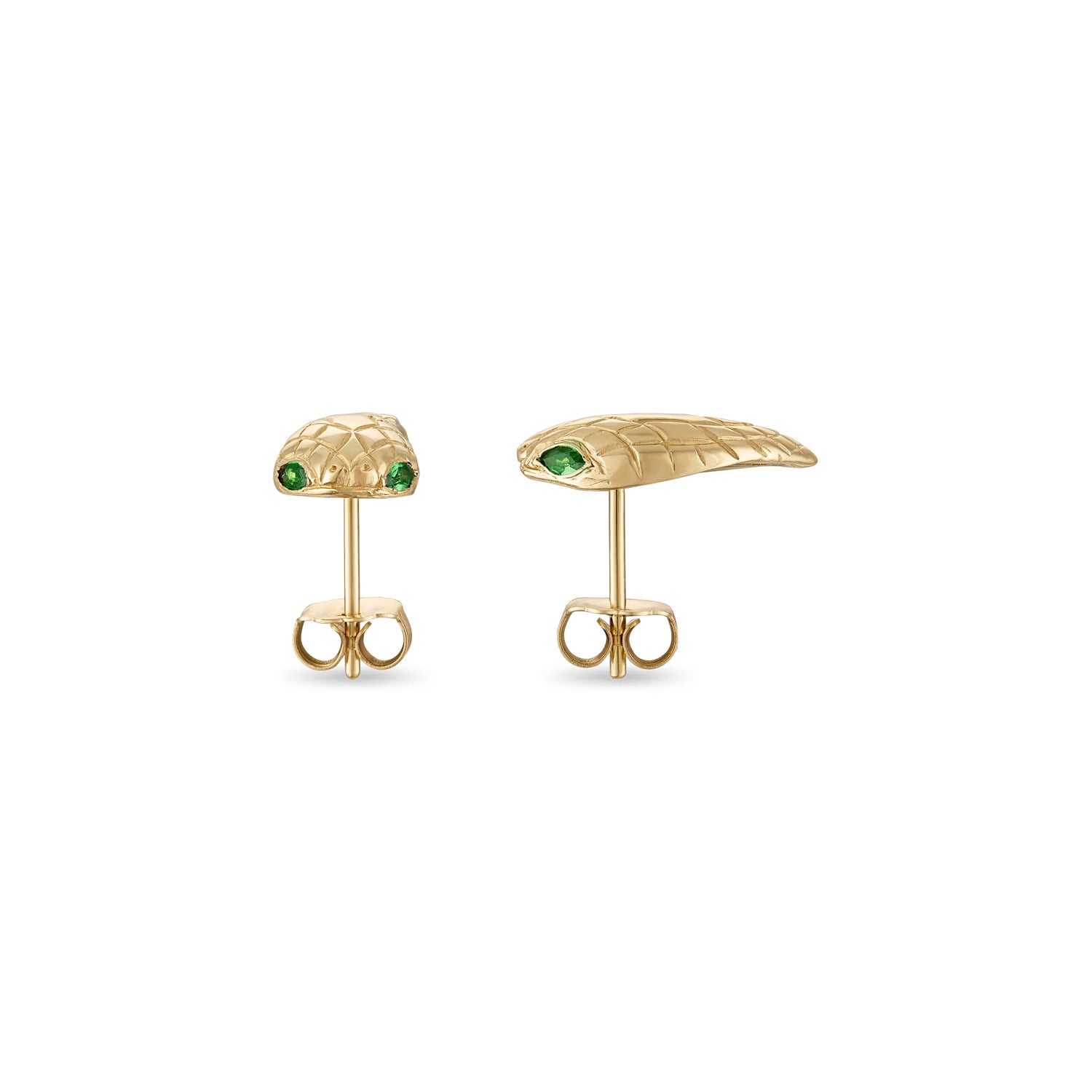 A pair of teardrop-shaped 14k gold snake head stud earrings with engraved scales and inset green marquise cut eye stones with milgrain detail.