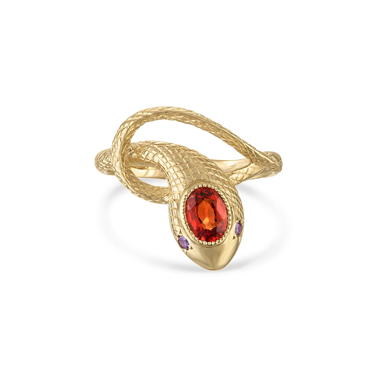 14k gold snake ring with engraved scales, a red sapphire center stone and purple sapphire side stones.