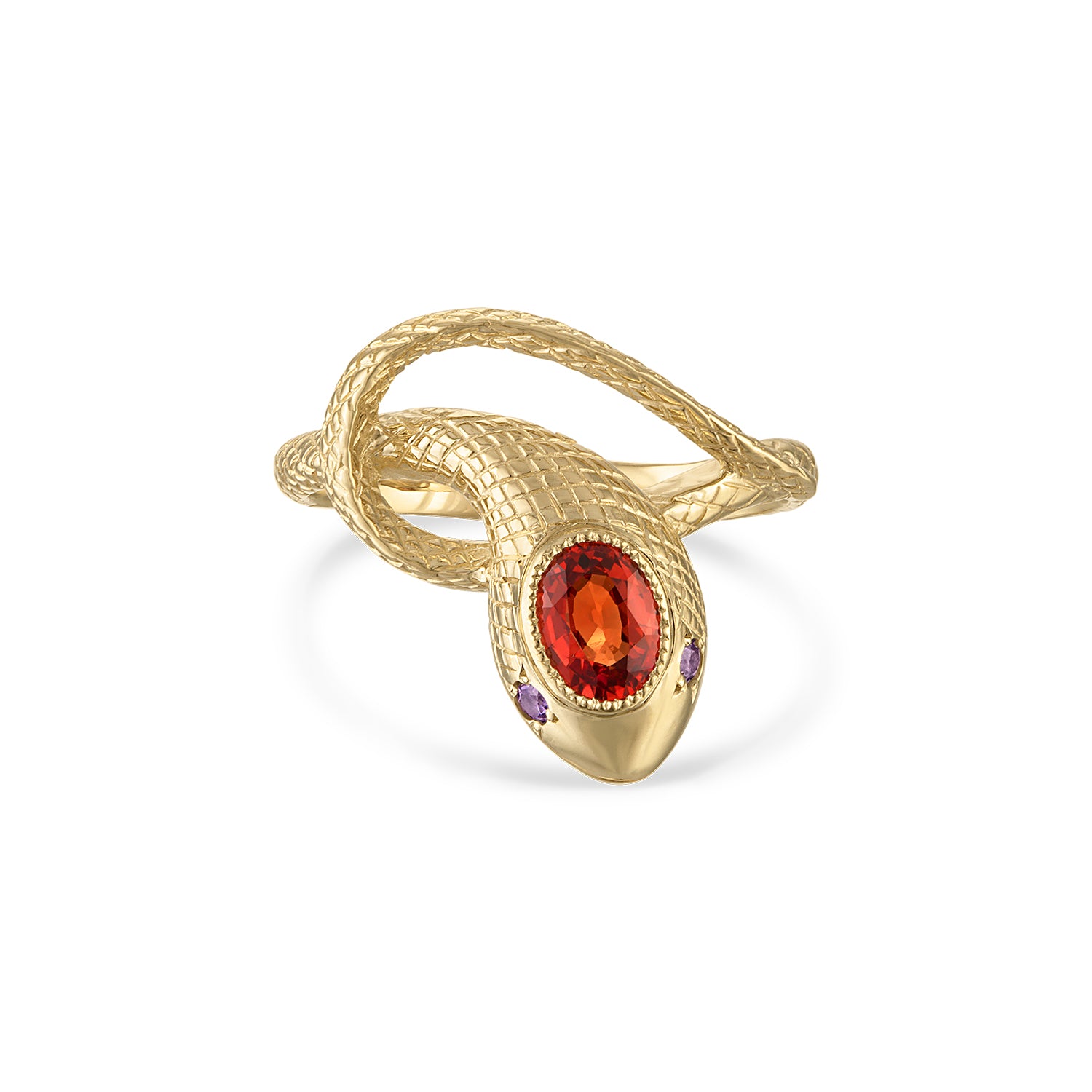 14k gold snake ring with engraved scales, a red sapphire center stone and purple sapphire side stones.