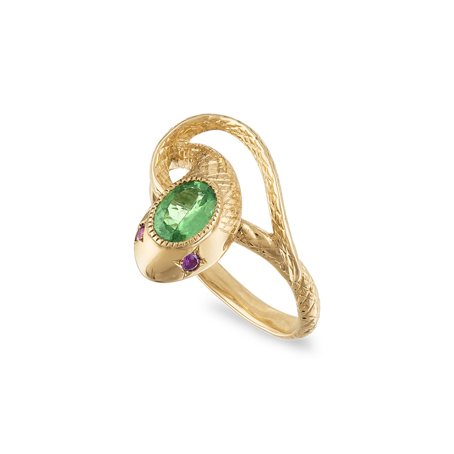 snake ring with green and purple gemstones on a white background