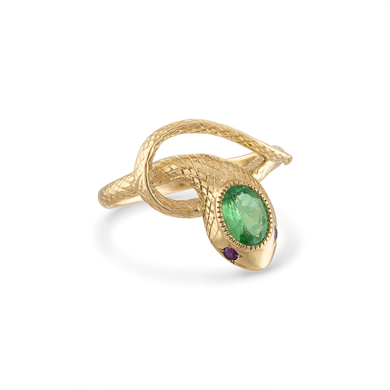 Gold snake ring with a green gemstone on a white background