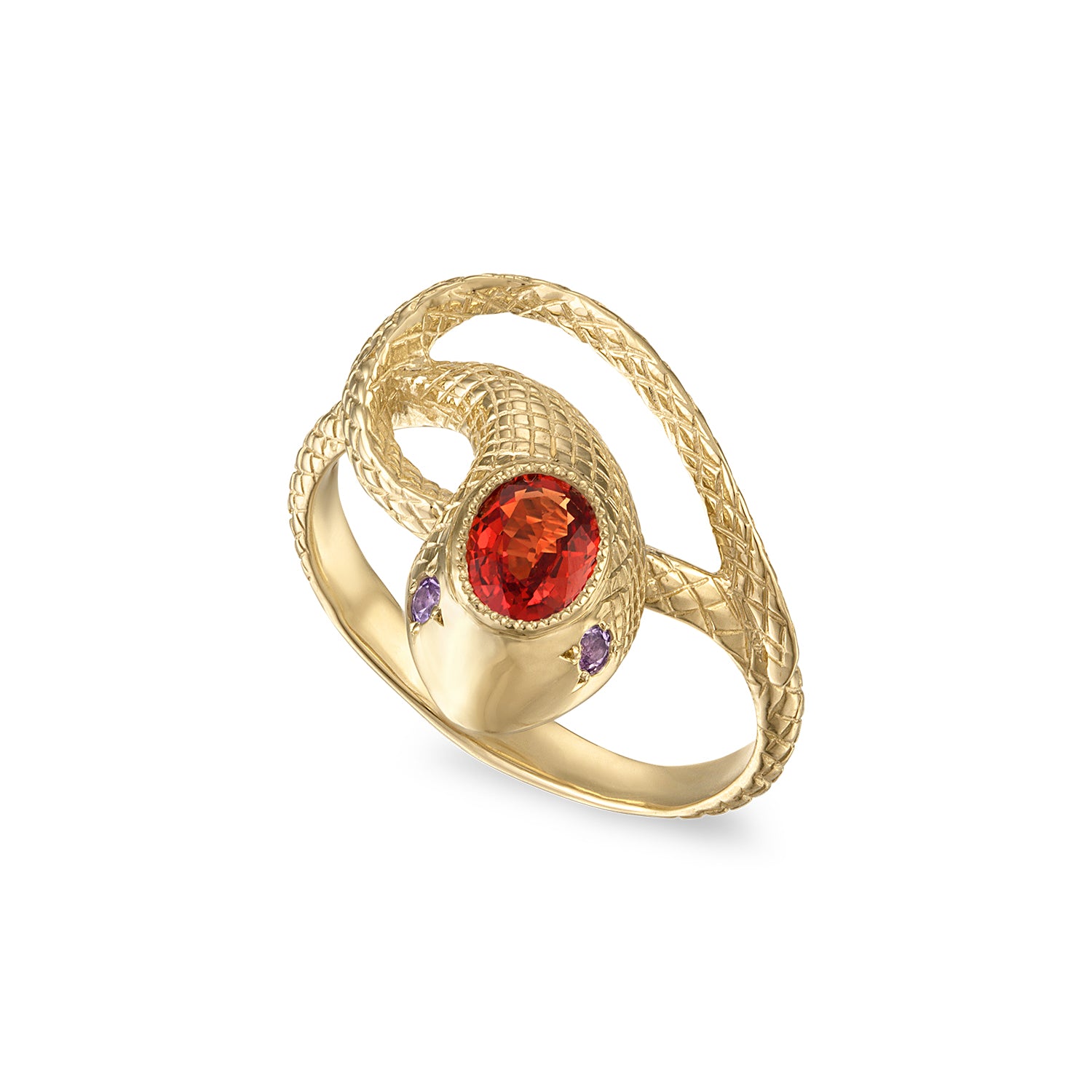 gold snake ring with engraved scales, a red sapphire center stone and purple sapphire side stones.