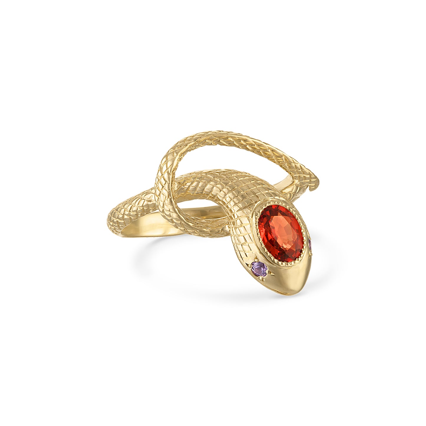 14k gold snake ring with engraved scales, a red sapphire center stone and purple sapphire side stones.