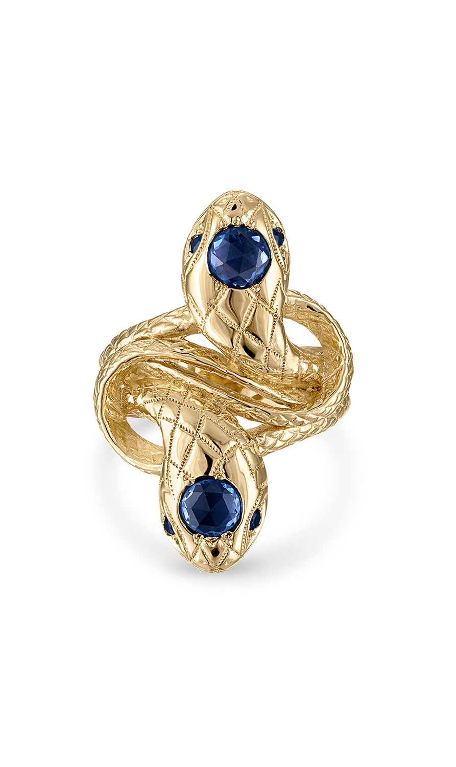 gold snake ring with blue sapphires